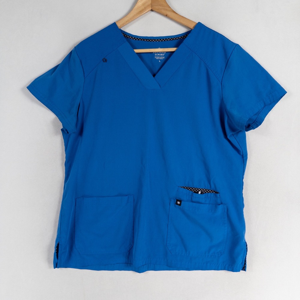 Beyond Scrubs V Neck Scrub Top Womens L Blue Stretch Twill Pockets Medical